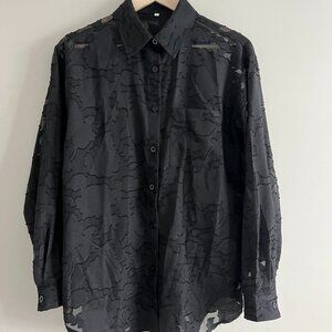 ASvivid Black Jacquard Lace Button Down Blouse – Collared V-Neck Long Sleeve Top